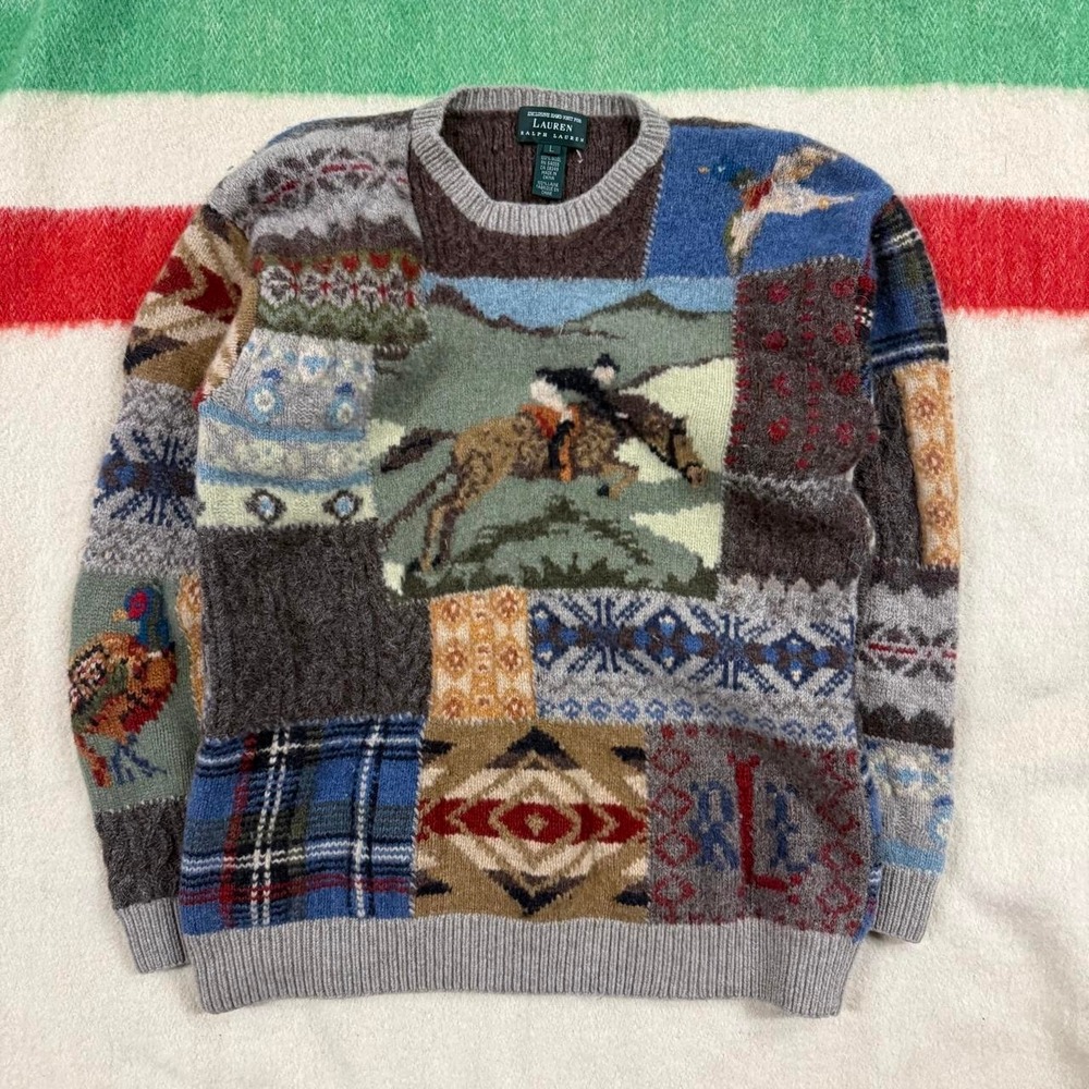 Vintage Lauren Ralph Lauren Equestrian Patchwork Wool Sweater L FLAW 90s